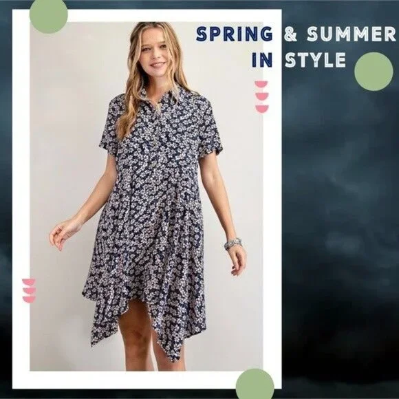 EASEL Lightweight Short Sleeved Collared Button Front Shark Bite Hem Shirt Dress - Picture 11 of 14